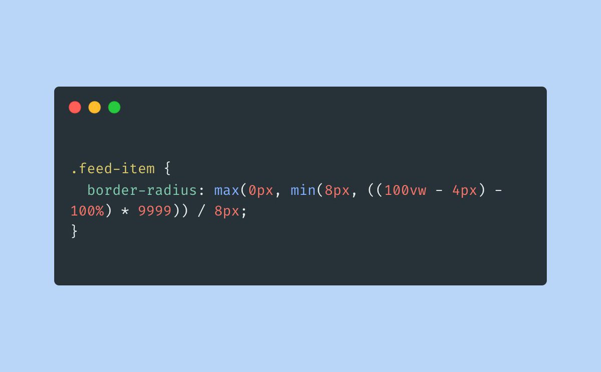 shadeed9's tweet image. While inspecting Facebook&apos;s CSS, I found that the border radius has a max() and min() CSS comparison function.

This will compute to 8px / 8px in all cases. It&apos;s unclear why it&apos;s being used with such a large number (9999).

Any thoughts? 🧐