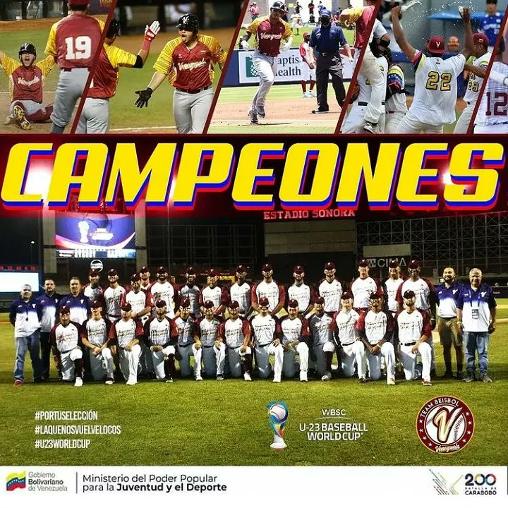 🇻🇪 Venezuela campeón 🇻🇪 en el mundial de béisbol U-23 con un marcador de 4-0 ante la selección de México. Felicidades muchachos 👏🏻 sigamos cosechando éxitos 🥇arriba la Generación de Oro ✊🏻
<a href="/MervinMaldonad0/">Mervin Maldonado</a> 
@Mppjd_
@irayluzpsuV 
@perez_psuv 
<a href="/michelduque8/">Michel Duque</a>