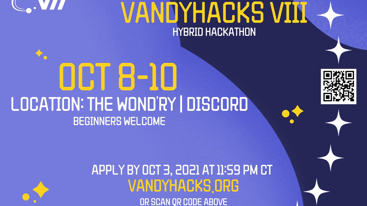 VU Engineering (@vuengineering) on Twitter photo Today's the final day to apply for this year's <a href="/vandyhacks/">VandyHacks</a> Hackathon! This year, the hackathon will be a hybrid event spanning 36 hours. Virtual and in-person hackers can come together to attend skill workshops, network, and win prizes.
Register: vandyhacks.org Today's the final day to apply for this year's <a href="/vandyhacks/">VandyHacks</a> Hackathon! This year, the hackathon will be a hybrid event spanning 36 hours. Virtual and in-person hackers can come together to attend skill workshops, network, and win prizes.
Register: vandyhacks.org