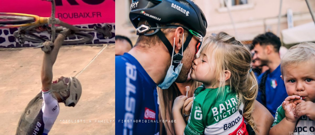 CiclistiFamily's tweet photo. Sotto una maschera di fango @sonnycolbrelli vince la Parigi-Roubaix.

Noi lo celebriamo con questo scatto insieme ai suoi bimbi, Vittoria e Tomaso, in occasione della vittoria al Campionato Europeo!

#ParisRoubaix #ParisRoubaix2021 
📸https://t.co/4yYffm5aYB https://t.co/mASwBSEPMe