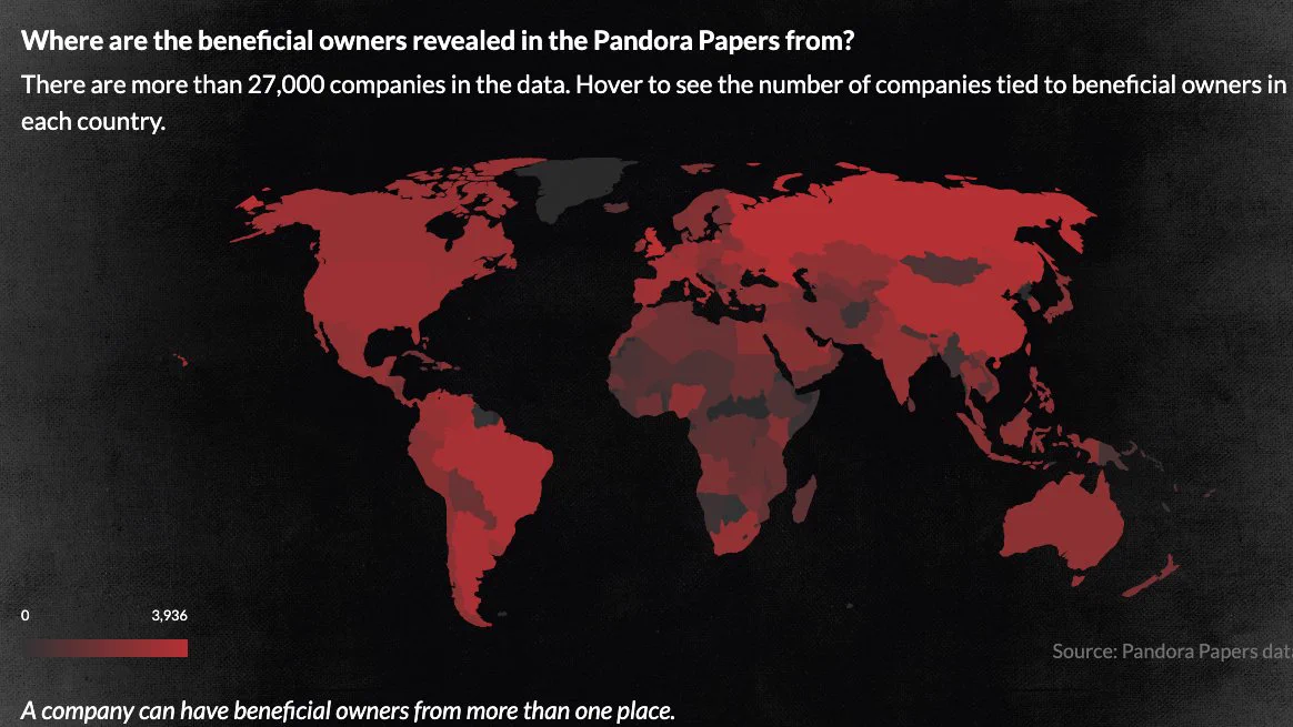 World map depicting where the beneficial owners revealed in the Pandora Papers are from.
