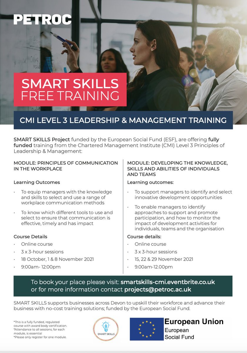 Sign up to FREE Leadership &amp; Management 💼 training through the SMART skills project, funded by the European Social Fund. 

To book your place, please visit: smartskills-cmi.eventbrite.co.uk or email projects@petroc.ac.uk for further details.