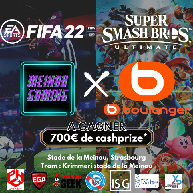 [Meinau Gaming x Boulanger]

Nous sommes ravis de vous annoncer notre nouveau partenaire officiel : Boulanger 🔥

On passe donc de 500 à 700 € de Cash prize : 

🥇 250€ + 200€ de chèques cadeaux
🥈 150€
🥉 100€

Inscrivez-vous dès maintenant : smash.gg/tournament/mei…