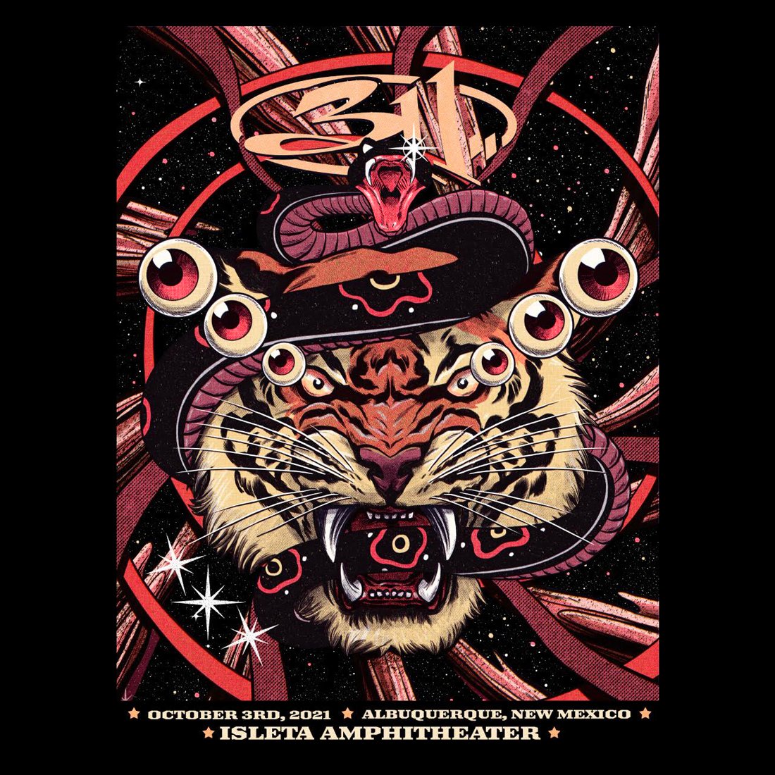 311's tweet image. TONIGHT! ALBUQUERQUE NM - @IsletaAmphithea 
5pm doors, 6:30PM @iyaterramusic, 7:30PM @Iration, 8:50PM @311 

Event shirt &amp;amp; poster at the merch booth! 

Poster art by: Pedro Correa 
113 numbered regs &amp;amp; 60 numbered foils