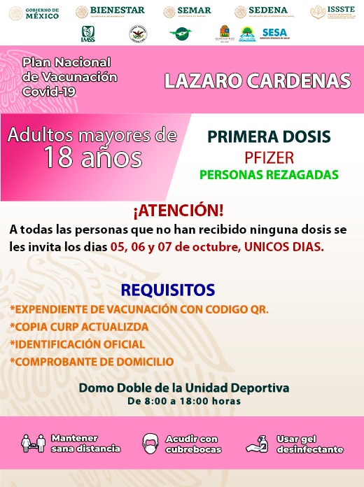 Atención #LázaroCárdenas: Del martes 5 al jueves 7 de octubre tendremos primeras dosis #Pfizer para personas rezagadas de 18 años en adelante, en el Domo Doble de la Unidad Deportiva de 8 a.m. a 6 p.m. #PonteVIVO <a href="/SESA_QROO/">SESA Quintana Roo</a>