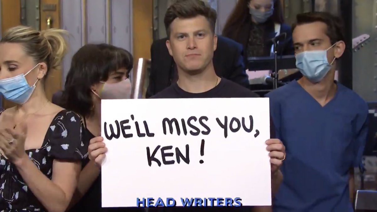 If you’re wondering what Colin Jost’s “We’ll Miss You Ken” sign was in reference to last night: 

Ken Aymong was a supervising producer on SNL who retired last night after working on the show since the 80s. Congrats, Ken and thank you for all your work! https://t.co/iywVO5pWYE