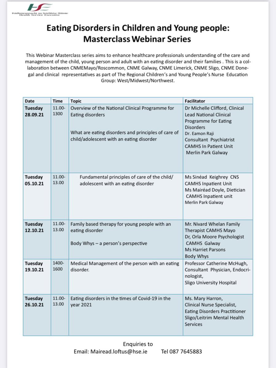 Webinar 2 of 5 #Eatingdisorders #children #youngpeople masterclasss webinar series Tuesday 5th Oct Register👉 hse.webex.com/hse/onstage/g.… following on from excellent feedback from webinar 1 @nmpduwest @IADNAM1 @iaanmp @scnn @NCP_ED @GSGerShaw @mhnmi @MalieCoyne @HsehealthW @bodywhy1