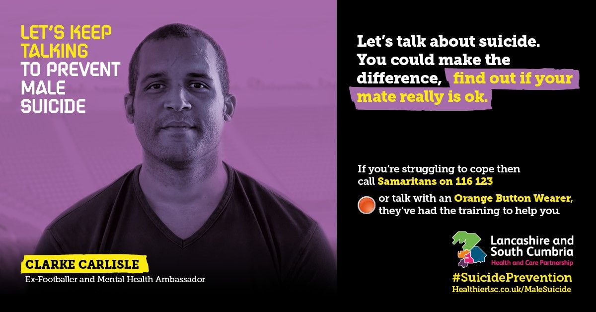 Suicide is the biggest killer of men under 49… we can change that.

We’ve teamed up with ex-Blackpool, Burnley and Preston footballer Clarke Carlisle to encourage people to reach out if they’re struggling 💙 

#StartTheConversation ➡️ healthierlsc.co.uk/MaleSuicide