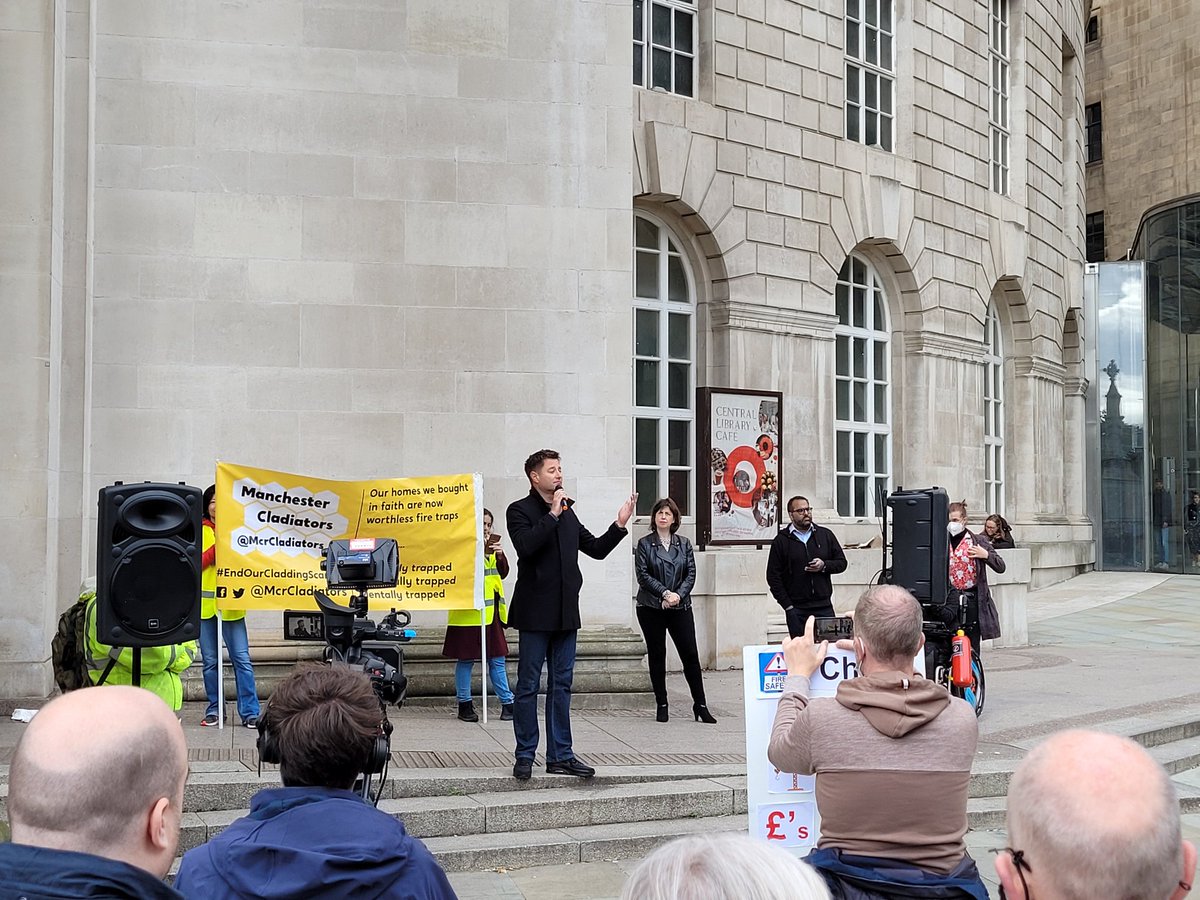 base_mcr's tweet photo. Big thanks to @McrCladiators for todays event with powerful speeches from affected residents, and @MrGeorgeClarke. Very well attended and great to have the support of @LucyMPowell @AndyBurnhamGM @BishManchester. We WILL #EndOurCladdingScandal and the #BuildingSafetyCrisis https://t.co/1TlELPGbUm