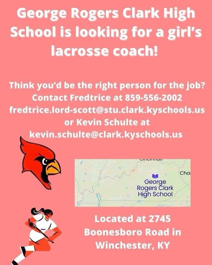 Clark County’s George Rogers Clark HS is looking to field a lax team this coming season. At least 24 students have signed-up wanting to play. They’re looking for a coach. #growthegame #laxlife
