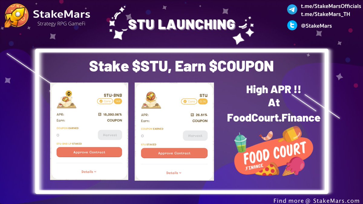 StakeMars's tweet image. 🎉 WE SUCCESSFULLY LAUNCHED $STU !! 🎉

NOW YOU CAN BY STU @ PCS bit.ly/3uzUM1M

AND STAKE STU WITH FOODCOURT.FINANCE, GET 1x,xxx% APR !!

#STU #Defi #Farming #BSC #GameFi  #仮想通貨