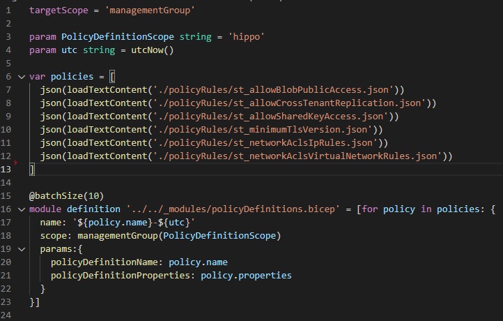 Inspired by last #BicepLang community call I share my example how I use 'loadTextContent' to deploy custom #azurePolicy definitions to the management group scope