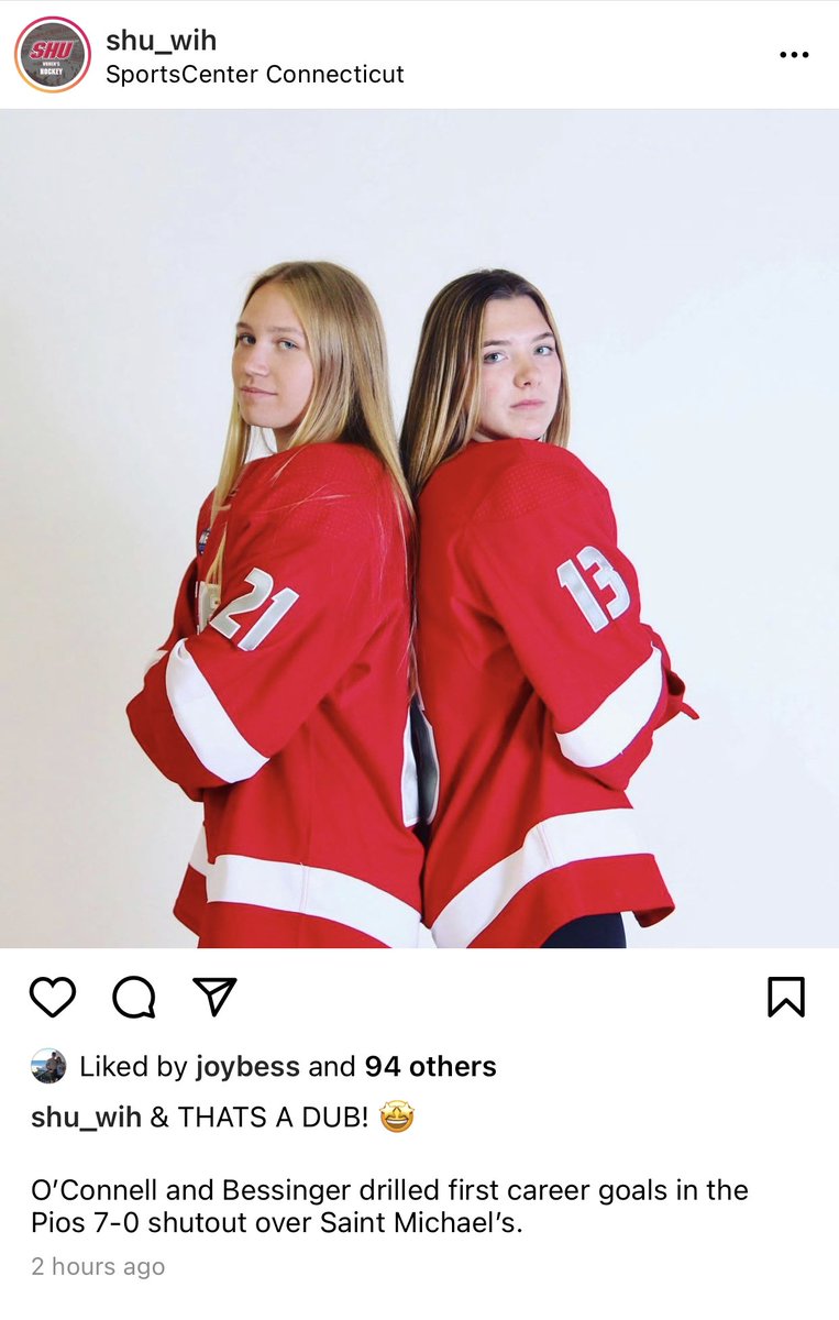 Congrats to Nikki Bessinger ‘21 (right) on her first collegiate goal with @SHU_WIH! Many more to come! @millbrkmustangs #stangsincollege
