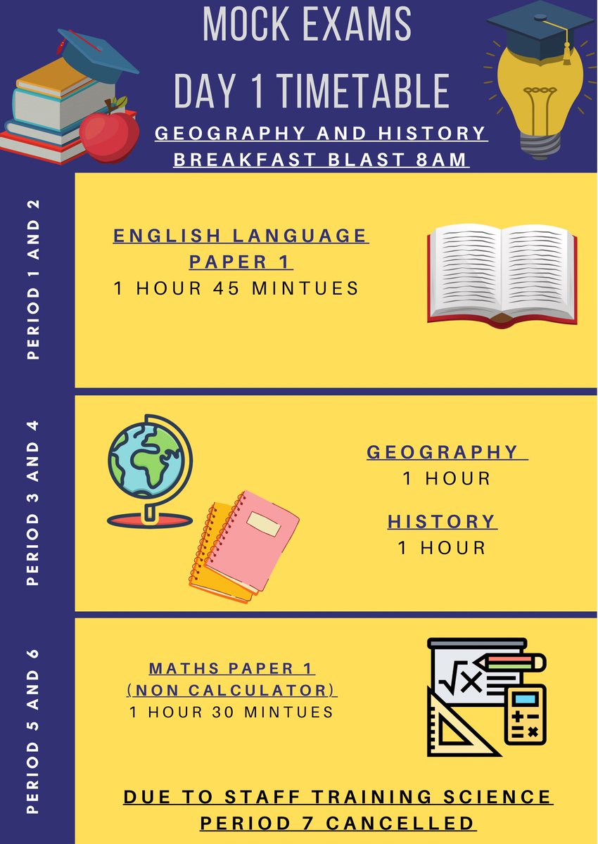 TeamMoreton11's tweet photo. Mock Exams begin tomorrow for Year 11! See image for day 1 timetable! We have morning blast sessions on offer, tomorrow @moretongeog and @MoretonHistory are running. Grab some breakfast from the diner and then head to the humanities area! #PushingforProgress #ChallengeYourself https://t.co/QnO6mO8C7K