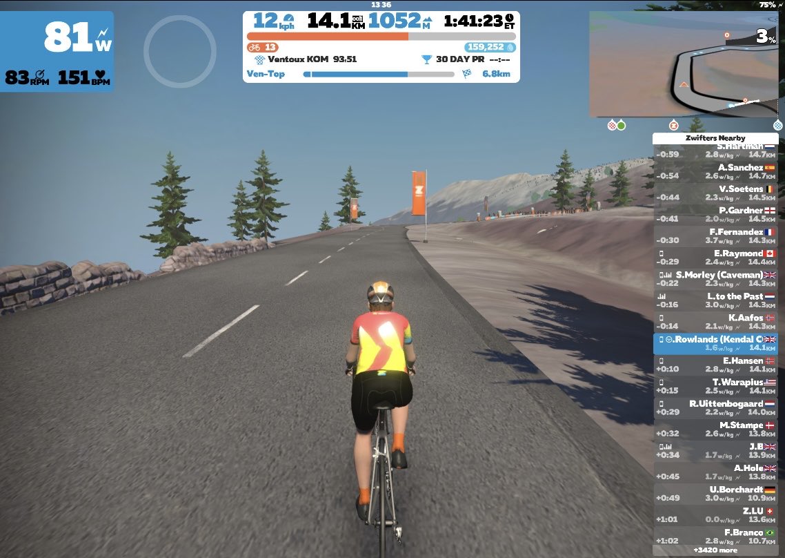 SueRowlands2's tweet photo. Well, it seemed a good idea for a rainy day: first attempt on #mountventoux on โฆ@GoZwiftโฉ. I can confirm that 2 1/2 hours continuous pedalling (i) is hard on your backside and (ii) requires a great playlist as distraction. โฆ@wahoofitnessโฉ #overdoneit https://t.co/h9TtW6bg8l