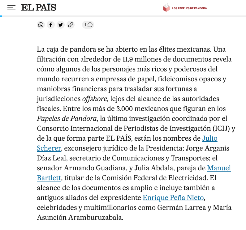 emeequis's tweet photo. El País da a conocer investigación llamada "Los Papeles de Pandora", sobre fortunas de personajes trasladadas a territorios offshore. En México figuran Julio Scherer, Jorge Arganis, el senador Armando Guadiana y los magnates Germán Larrea y María Aramburuzabala. #PandoraPapers https://t.co/s3v5y64Ri7