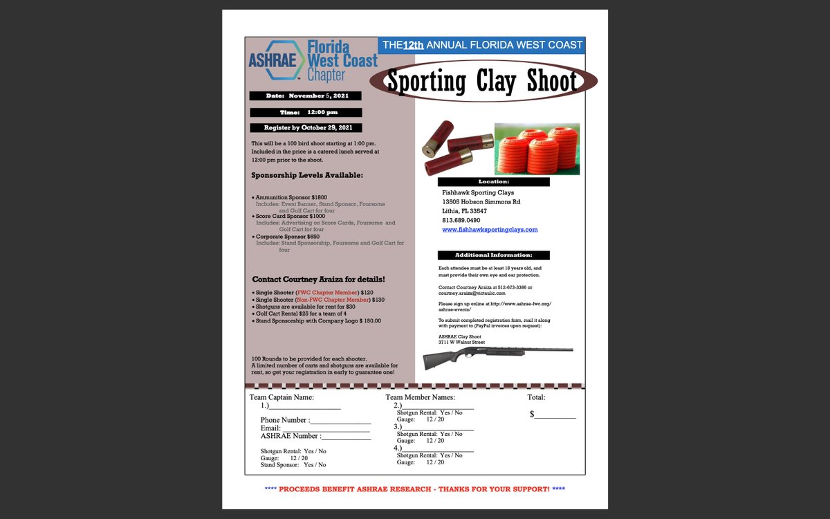 The 12th Annual Sporting Clay shoot is Friday, Nov. 5th at Fishhawk Sporting Clays.  RSVP -  ashrae-fwc.org/events/novembe…