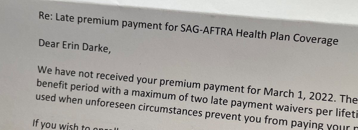 I just got a letter from my insurance that my payment is late for NEXT MARCH and my insurance may be suspended. WT actual F is happening?!?!? <a href="/SAGAFTRANY/">SAG-AFTRA New York Local</a> <a href="/sagaftra/">SAG-AFTRA</a>