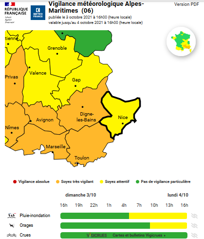 prefet06's tweet photo. ⛈️⚠️🟡Vigilance météo jaune pour orages, pluies et inondations pour l'ensemble du département des Alpes-Maritimes. Episode du lundi 4 octobre à partir du 5h00 du matin - Fin : mardi 5 octobre à 00h00. Cumuls de pluie attendus : 40 à 60 mm.
Restez vigilants, consultez Météo-France https://t.co/aHU3W9a51f