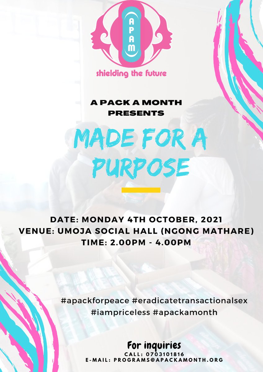 #LIVMCI
Tomorrow at Ngong we shall be having the #madeforapurpose session and pad distribution. All are welcome at Umoja Social Hall from 2.00pm - 4.00pm #apackforpeace #eradicatetransactionalsex #apackamonth #iampriceless