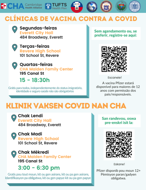 Cambridge Health Alliance, Tufts Health Plan, and our amazing local organizations are hosting COVID-19 vaccine clinics! 💉

It is free and available to all, regardless of immigration status. Health insurance/ID is NOT required! 

Thank you all for making this happen. #getthevax