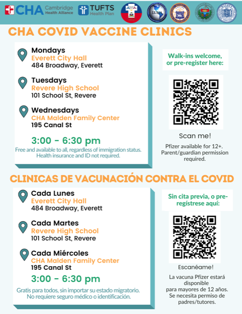 Mayor_DeMaria's tweet photo. Cambridge Health Alliance, Tufts Health Plan, and our amazing local organizations are hosting COVID-19 vaccine clinics! 💉

It is free and available to all, regardless of immigration status. Health insurance/ID is NOT required! 

Thank you all for making this happen. #getthevax https://t.co/0aZo1hbvpd
