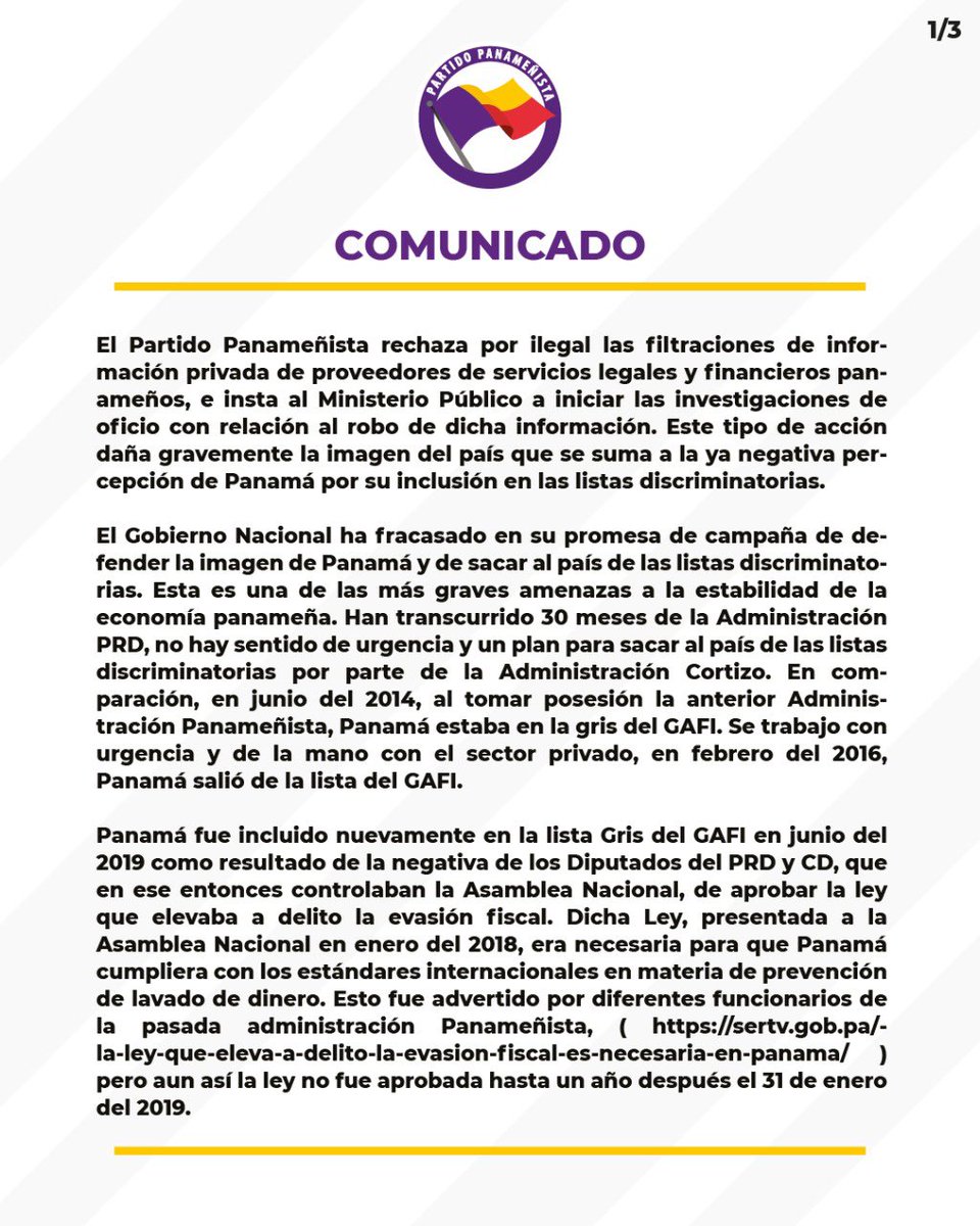 panamenistas's tweet photo. Rechazamos por ilegal las filtraciones de información privada de proveedores de servicios legales y financieros panameños.

Este tipo de acción daña gravemente la imagen del pais que se suma a la ya negativa percepción de Panamá por su inclusión en las listas discriminatorias. https://t.co/TV3hVP0chS