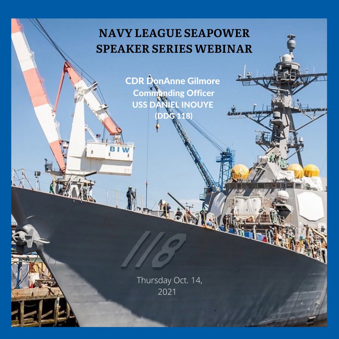 Navy League Seapower Speaker Series with CDR Gilmore, USS Daniel Inouye (DDG 118) as guest speaker on Oct 14 12:00 PM HST
navyleaguehonolulu.org

#webinar #navy #maritime #navyship #ussdanielinouye
