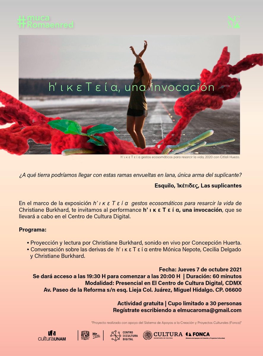 Te invitamos al performance  h’ ι κ ε T ε ί α, una invocación, que se llevará a cabo en <a href="/CCDmx/">Centro de Cultura Digital</a> 

CUPO LIMITADO, regístrate escribiendo a elmucaroma@gmail.com

#hiketeia #ChristianeBurkhard