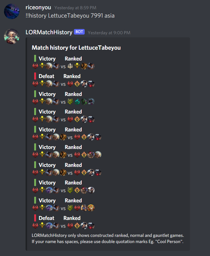 LetUsEatLetttuce on Twitter "LOR履歴Botをつくりました！良ければ使ってみてください。 I made a