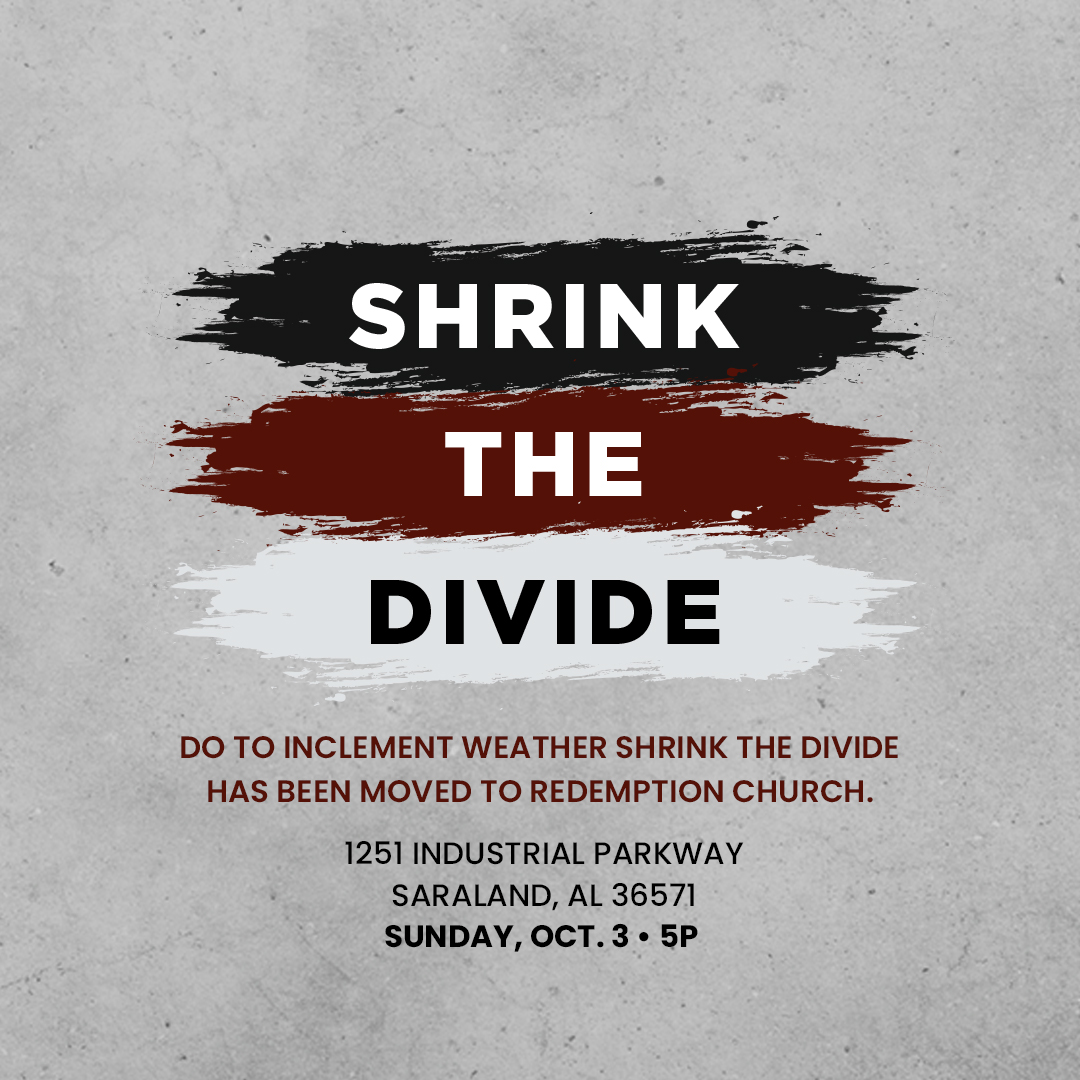 GroupPledge's tweet image. Due to the inclement weather, we are moving Shrink the Divide to our backup location which is Redemption Church in Saraland:1251 Industrial Pkwy, Saraland, AL 
All the other event details will remain the same.  We are looking forward to seeing you at 5P at Redemption Church!