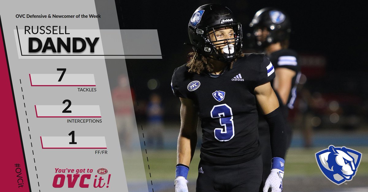 OVCSports's tweet image. OVC Football 🏈 Defensive Player &amp;amp; Newcomer of the Week: @EIUPanthersMFB DB Russell Dandy (@russell_dandy)
 
• Had 7 solo tackles, 2 interceptions and forced &amp;amp; recovered a fumble vs Murray State
 
#RunWithUs
 
"𝐘𝐨𝐮 𝐖𝐨𝐧'𝐭 𝐁𝐞𝐥𝐢𝐞𝐯𝐞 𝐈𝐭, 𝐓𝐢𝐥𝐥 𝐘𝐨𝐮 #𝐎𝐕𝐂𝐢𝐭!"