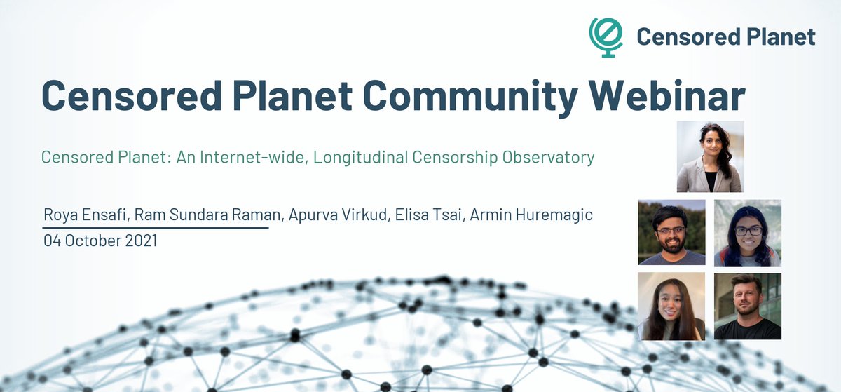 We are holding the <a href="/CensoredPlanet/">Censored Planet</a> community webinar tomorrow (October 4) from 10:00 - 11:30 AM ET. Join us to learn more about Censored Planet and our recent work! 

📢Register here to attend the event: censoredplanet.org/webinar2021