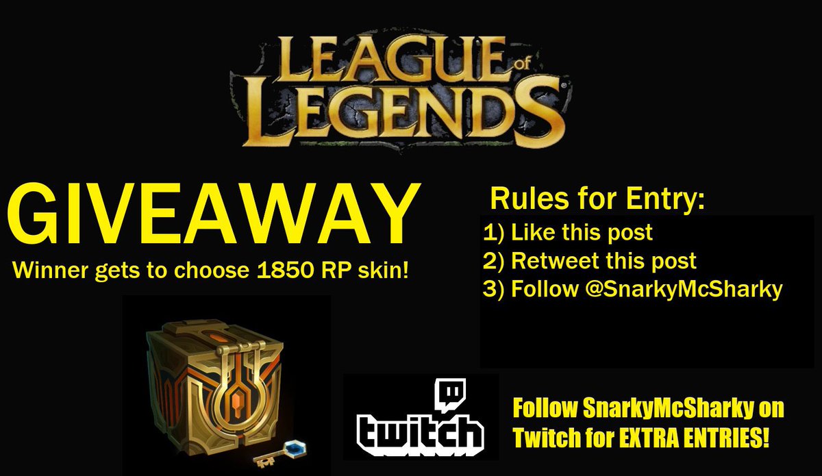 FreeLeagueMemes's tweet image. 🔥1850 RP SKIN GIVEAWAY🔥
- Like &amp;amp; retweet this post 👍
- Follow 
@snarkymcsharky
- Follow SnarkyMcSharky on Twitch for an extra entry 😁

Good luck! 🍀