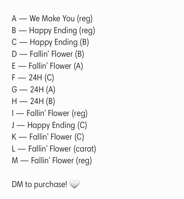 [WTS THREAD] 

— Seventeen Japanese Albums
— WMY, Happy Ending, Fallin' Flower, 24H

— DM <a href="/celestialsDMs/">CelestialShuas DM</a> to claim!