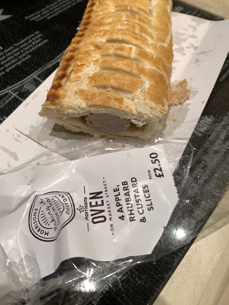 dooleyfish1's tweet photo. @Morrisons I think the staff at the Weymouth store need to learn that a sausage roll is not a rhubarb &amp; apple slice. Had a small surprise when I cut it in half to take to work. https://t.co/d6hTVs3sb9