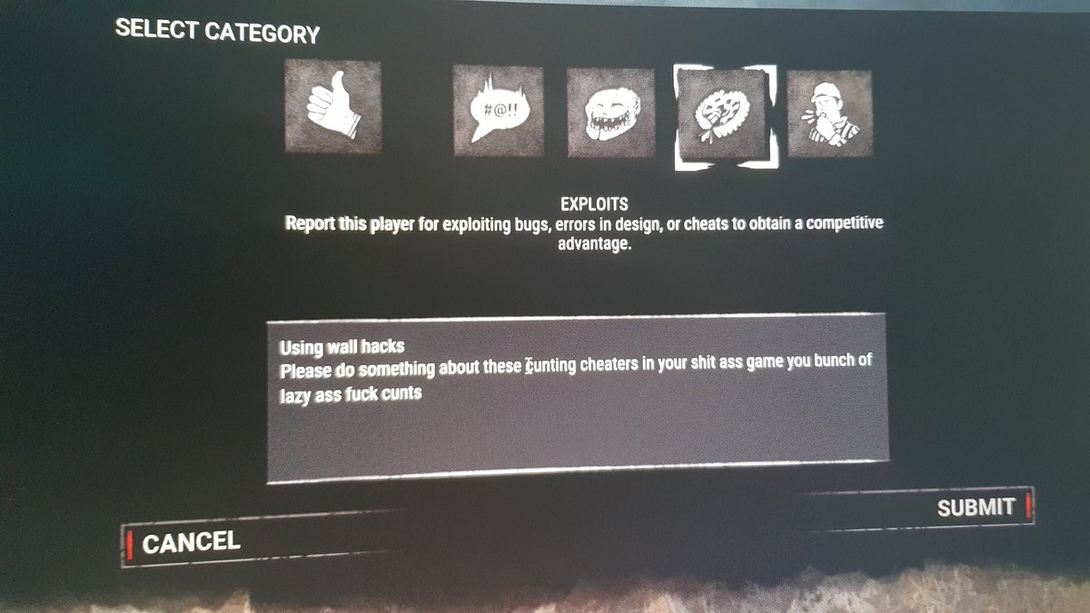 Geckoš¦ā¤ (@acevengecko) on Twitter photo Anyone else sick of coming up against hackers in <a href="/DeadByBHVR/">Dead by Daylight</a> ?
Actually sick of coming across this and knowing that the developers aren't actively doing ANYTHING to combat hacking. Theres no point reporting players either as they've pretty much admitted it does NOTHING Anyone else sick of coming up against hackers in <a href="/DeadByBHVR/">Dead by Daylight</a> ?
Actually sick of coming across this and knowing that the developers aren't actively doing ANYTHING to combat hacking. Theres no point reporting players either as they've pretty much admitted it does NOTHING