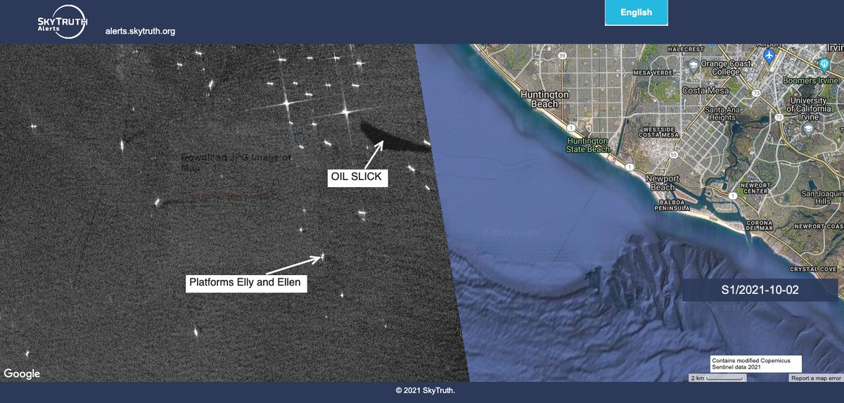 Radar satellite image showing a large slick off Huntington Beach was taken well before the spill was reported: according to NY Times, spill was reported around 9am local time Saturday morning. This image was collected at 6:58pm Friday.