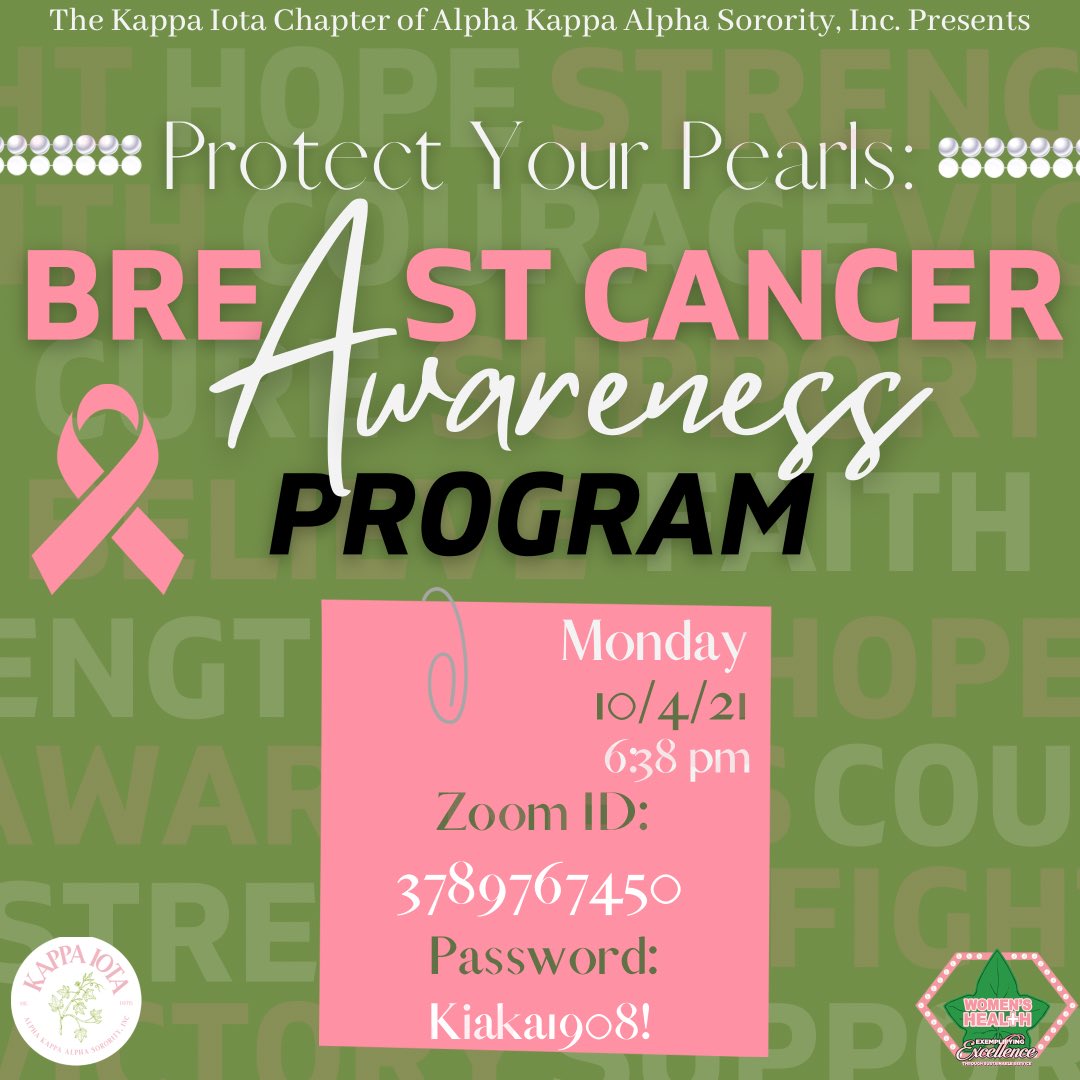 Join KI as we bring awareness to breast cancer by discussing risk factors associated, prevention tips, &amp; listening &amp; engaging with a survivor as she shares her story. Immediately following, we will be creating virtual cards for breast cancer patients. Pink attire is encouraged.💕