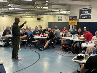 USAWrestling's tweet photo. .@USMC Silver coaches clinic classroom sessions conducted by Marines, Coach Jess Medina, and Eric Everard with @crywolfwrstling today! 🤼 #USAWNCEP https://t.co/3BvLgrrYRI