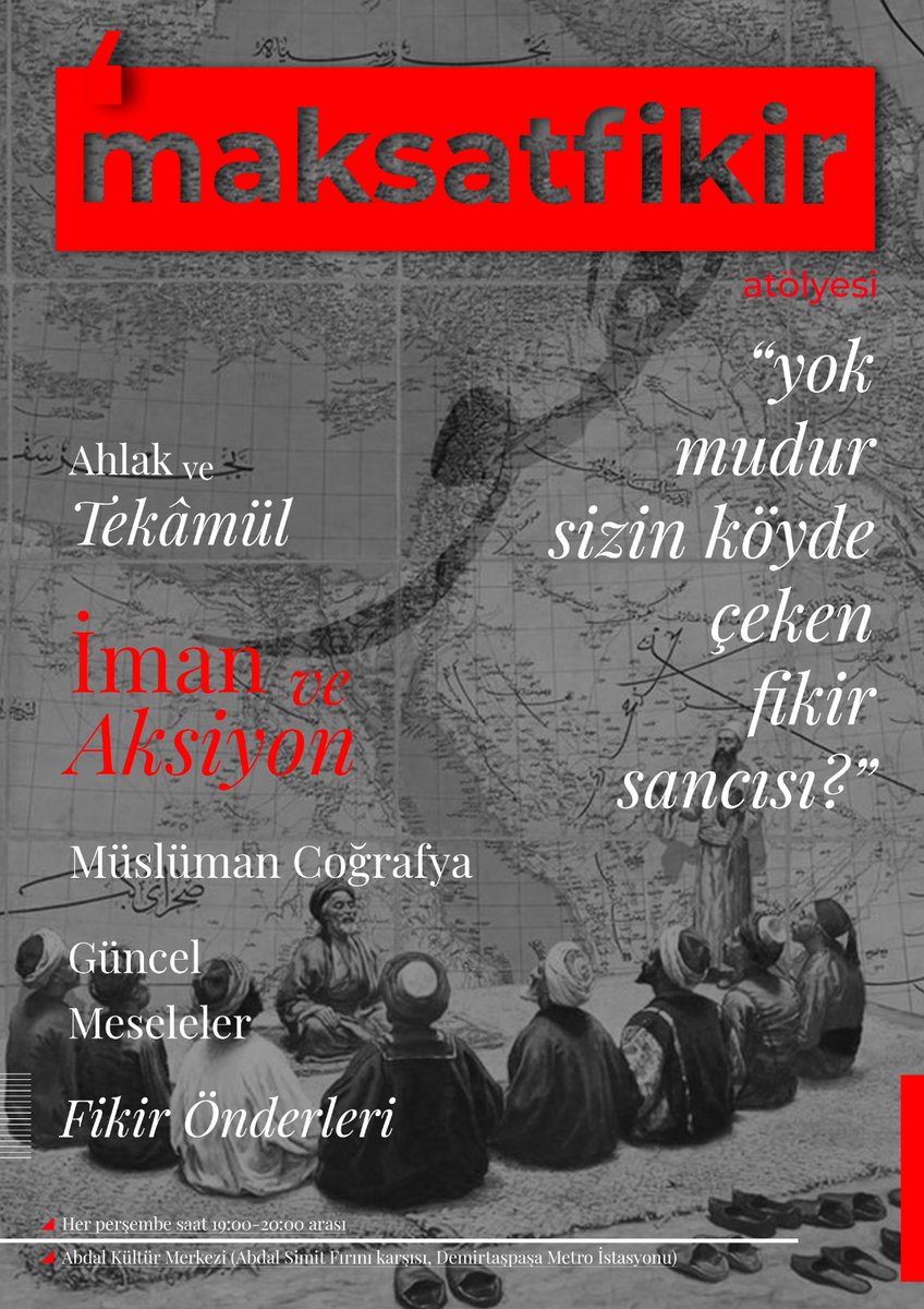 Bursa'da üniversiteli öğrenciler için 20 hafta sürecek güzel bir atölye başlıyor. Her Perşembe Abdal Kültür Merkezinde. Üstelik sınırsız çay ikramı var. Tavsiye ederiz :) <a href="/maksatfikir_/">MAKSATFİKİR ATÖLYESİ</a>