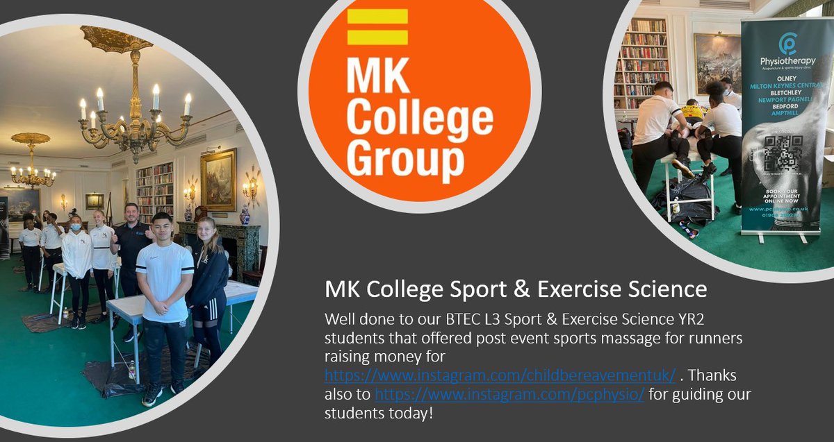 Well done to our BTEC L3 Sport &amp; Exercise Science YR2 students <a href="/MKCollege/">MK College Group</a>  that offered post event sports massage at <a href="/LondonMarathon/">TCS London Marathon</a>  for runners raising money for <a href="/cbukhelp/">Child Bereavement UK</a> . Thanks also to <a href="/pcphysio/">PC Physiotherapy</a>  for guiding our students today 👊👏
