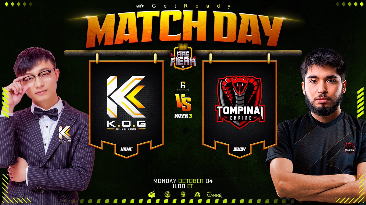 Torneo De Fuego🏆🔥 (@torneodefuego) on Twitter photo **Week 3 | Group A**
Monday , October 4th
<a href="/KOGCOC/">K.O.G</a> vs <a href="/TompinaiEmpire/">TOMPINAI EMPIRE</a>
⏰🇺🇸 11:00 am
⏰🇲🇽 10:00 am
⏰🇪🇺17:00 pm
⏰🇮🇳 20:30 pm
Stream by:
🎙<a href="/shioNwu/">shioN🔥</a> & <a href="/Sockers_/">Sockers SU</a>
🎙<a href="/Lexnos_/">👀</a>
🎙@Shide95
🎙<a href="/clash_nikita/">NikitaClash 🇧🇷</a>
🎙<a href="/AngelaVquez/">Ángela (Morgana)</a>
🎙<a href="/kamikazi_coc/">Kámïkázï Gaming</a>
🎙<a href="/LOGAN87012489/">LOGAN</a>
🎙<a href="/PixelGamingcoc/">Pixel Gaming COC</a> **Week 3 | Group A**
Monday , October 4th
<a href="/KOGCOC/">K.O.G</a> vs <a href="/TompinaiEmpire/">TOMPINAI EMPIRE</a>
⏰🇺🇸 11:00 am
⏰🇲🇽 10:00 am
⏰🇪🇺17:00 pm
⏰🇮🇳 20:30 pm
Stream by:
🎙<a href="/shioNwu/">shioN🔥</a> & <a href="/Sockers_/">Sockers SU</a>
🎙<a href="/Lexnos_/">👀</a>
🎙@Shide95
🎙<a href="/clash_nikita/">NikitaClash 🇧🇷</a>
🎙<a href="/AngelaVquez/">Ángela (Morgana)</a>
🎙<a href="/kamikazi_coc/">Kámïkázï Gaming</a>
🎙<a href="/LOGAN87012489/">LOGAN</a>
🎙<a href="/PixelGamingcoc/">Pixel Gaming COC</a>