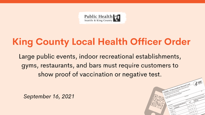 SeattleEconomy's tweet photo. Beginning Oct 25, all @KingCountyWA residents 12+ will be required to show proof of full #COVID19 vaccination or a neg test result to enter large outdoor events, indoor recreational spaces, and most indoor bars/restaurants. More on #VaxVerification @ https://t.co/6A6Bown1qY. https://t.co/IFE8spNmVs