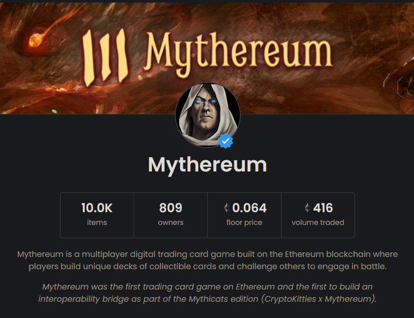 <a href="/mythereum/">Mythereum.io</a> just received a community facelift!!
Check out their discord at: discord.com/mythereum

First Interoperable Blockchain Game on Ethereum, released Feb 4th 2018

#nftcollector #NFTs #IndieGameDev