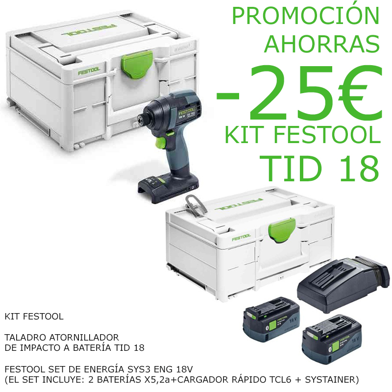 KIT FESTOOL ATORNILLADOR DE IMPACTO A BATERÍA TID 18
+ FESTOOL SET DE ENERGÍA SYS3 ENG 18V 2X5,2/TCL6
   REGALO DE -25€ (INCLUIDOS EN PRECIO)
   EN STOCK/AHORRAS 96,50€

mtr.cool/rrlspxrofq
#festool #carpinteros #taladros #ebanistas #reformas #construcción #ofertasfestool