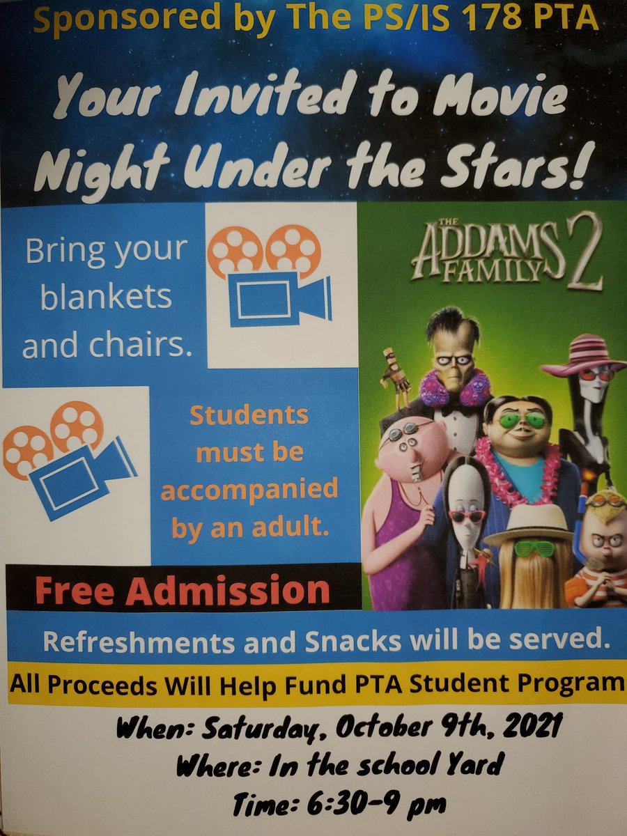 PTApsis178's tweet photo. Join us for PTA Movie Night - October 9th @ 6pm https://t.co/QpvESfZPWZ