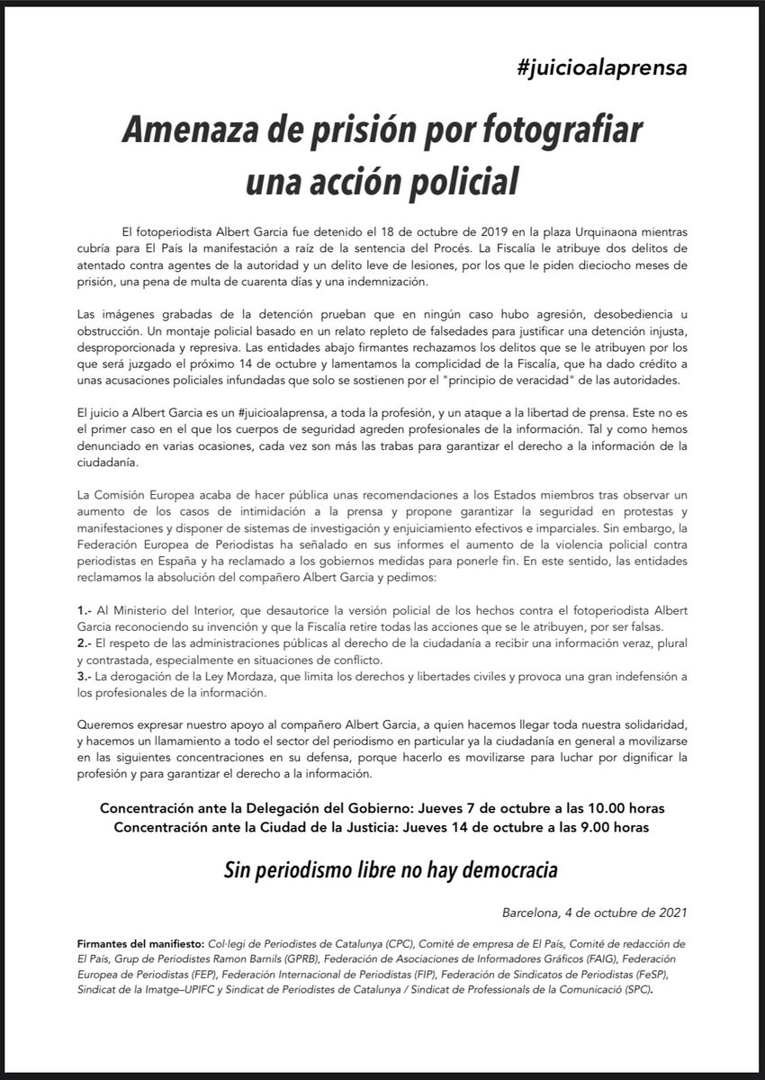 Anigp-Tv apoya al fotoperiodista Albert García. Puede ir a prisión por hacer su trabajo durante una acción policial #fotoperiodismo #stopleymordaza #libertadprensa #derechoalainformacion #albertgarciainocente  <a href="/interiorgob/">Ministerio del Interior</a>