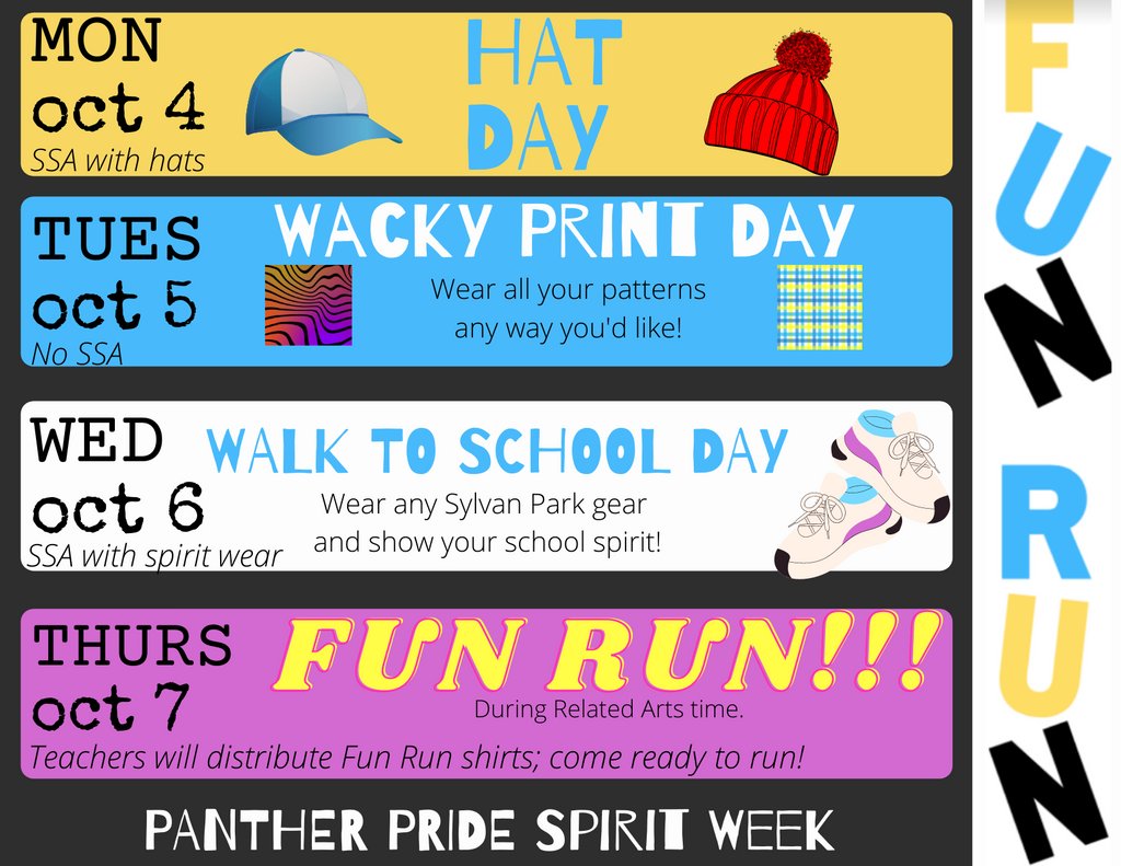 This week is Spirit Week! Show your Panther Pride every day! Tomorrow, you can wear a hat to school.