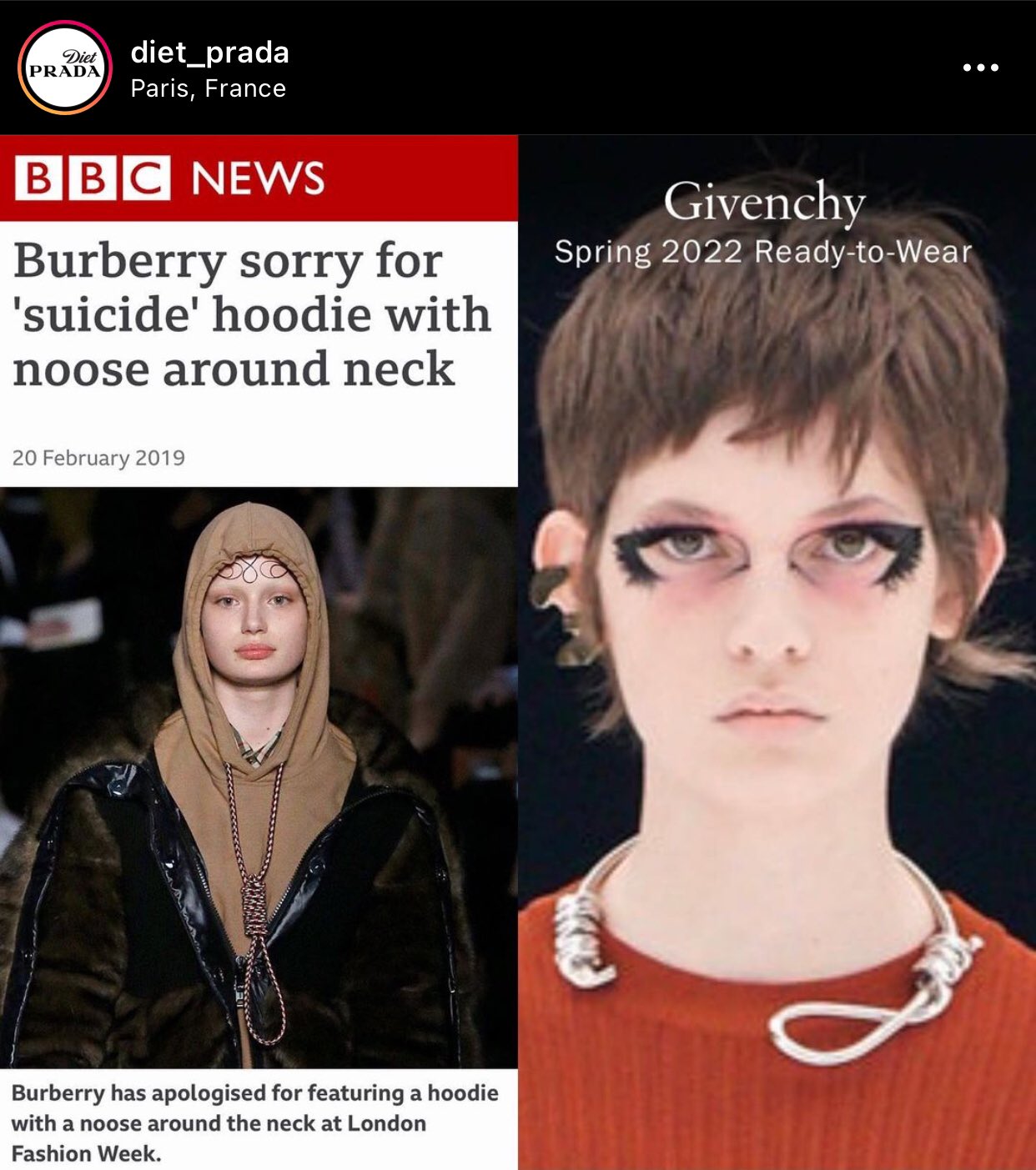 RA on X givenchy you didn t learn from all the mistakes that happen in years past Comme des Garcons white models wit the braids Burberry and their noose Gucci s black face